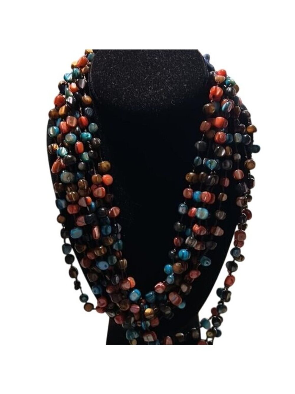 Multicolor Beaded 4-Strand Necklace Button Loop Closure 22" Long